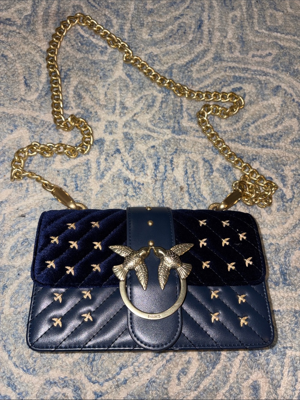 Pinko Navy Quilted Crossbody Bag with Gold Bird Hardware